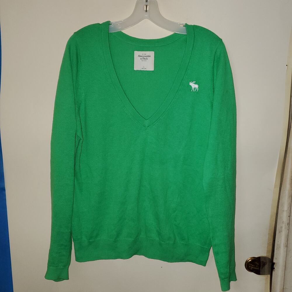 Abercrombie & Fitch V Neck Sweater Womens Size L Long Sleeve Solid Green